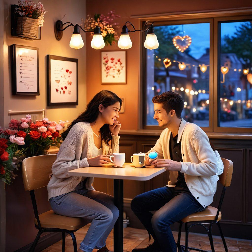 A heartwarming scene depicting two friends transitioning into a romantic relationship, featuring a cozy café setting with soft lighting, two individuals sharing a meaningful glance over coffee, surrounded by subtle symbols of love like intertwined hearts and blooming flowers. The atmosphere should evoke warmth and connection. super-realistic. vibrant colors. soft background.
