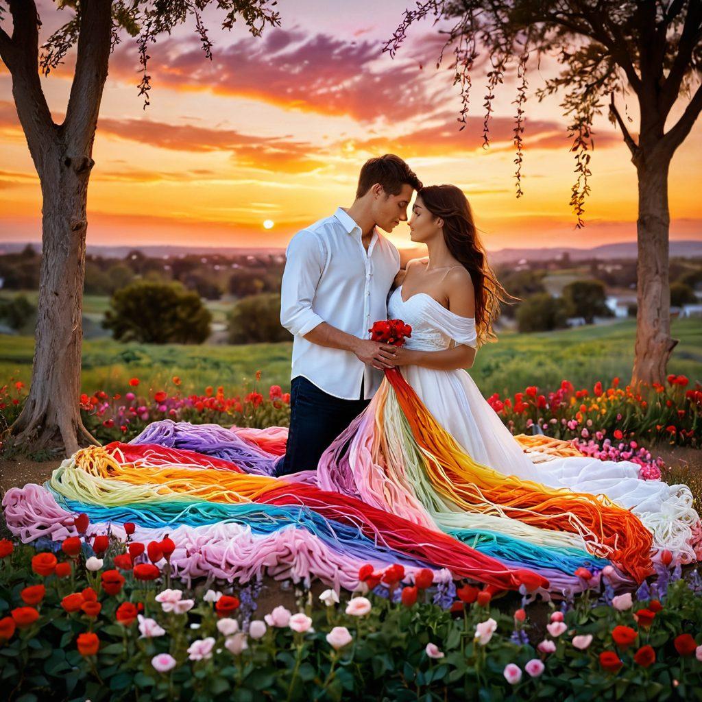 A picturesque scene depicting a couple intertwining colorful threads symbolizing their love and connection, surrounded by blooming flowers representing romance and unity. Soft, warm lighting creates an intimate atmosphere, while hints of handwritten love notes float in the air. The background features a dreamy sunset, enhancing the feeling of warmth and affection. super-realistic. vibrant colors. soft focus.