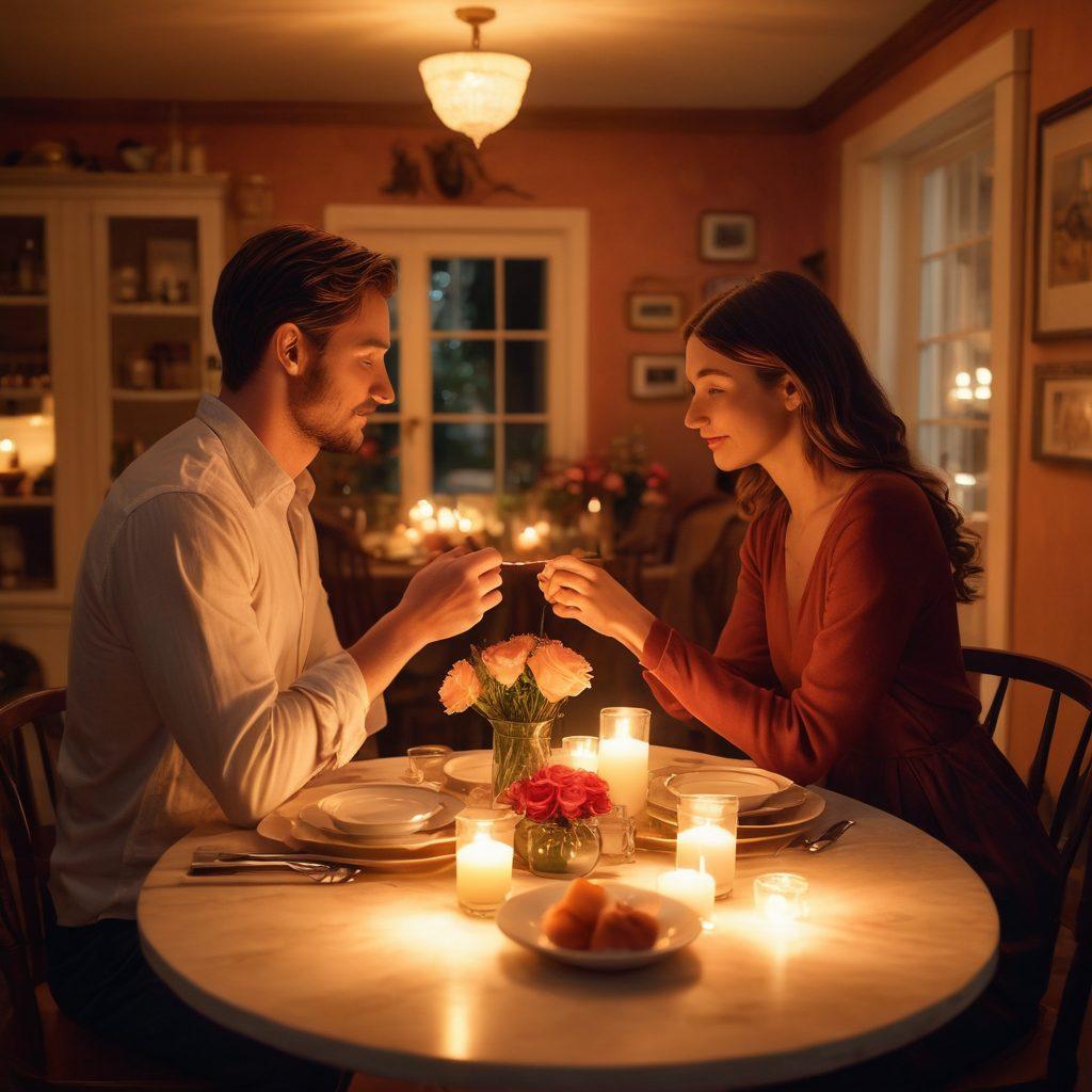 A cozy setting with a couple engaging in a meaningful conversation over a candlelit dinner, surrounded by personal artifacts representing their shared experiences. Soft ambient lighting creates a warm atmosphere, while visual elements like intertwined hands and a heart-shaped arrangement of flowers symbolize intimacy and connection. The background should evoke a sense of tranquility and romance. super-realistic. warm colors. soft focus.